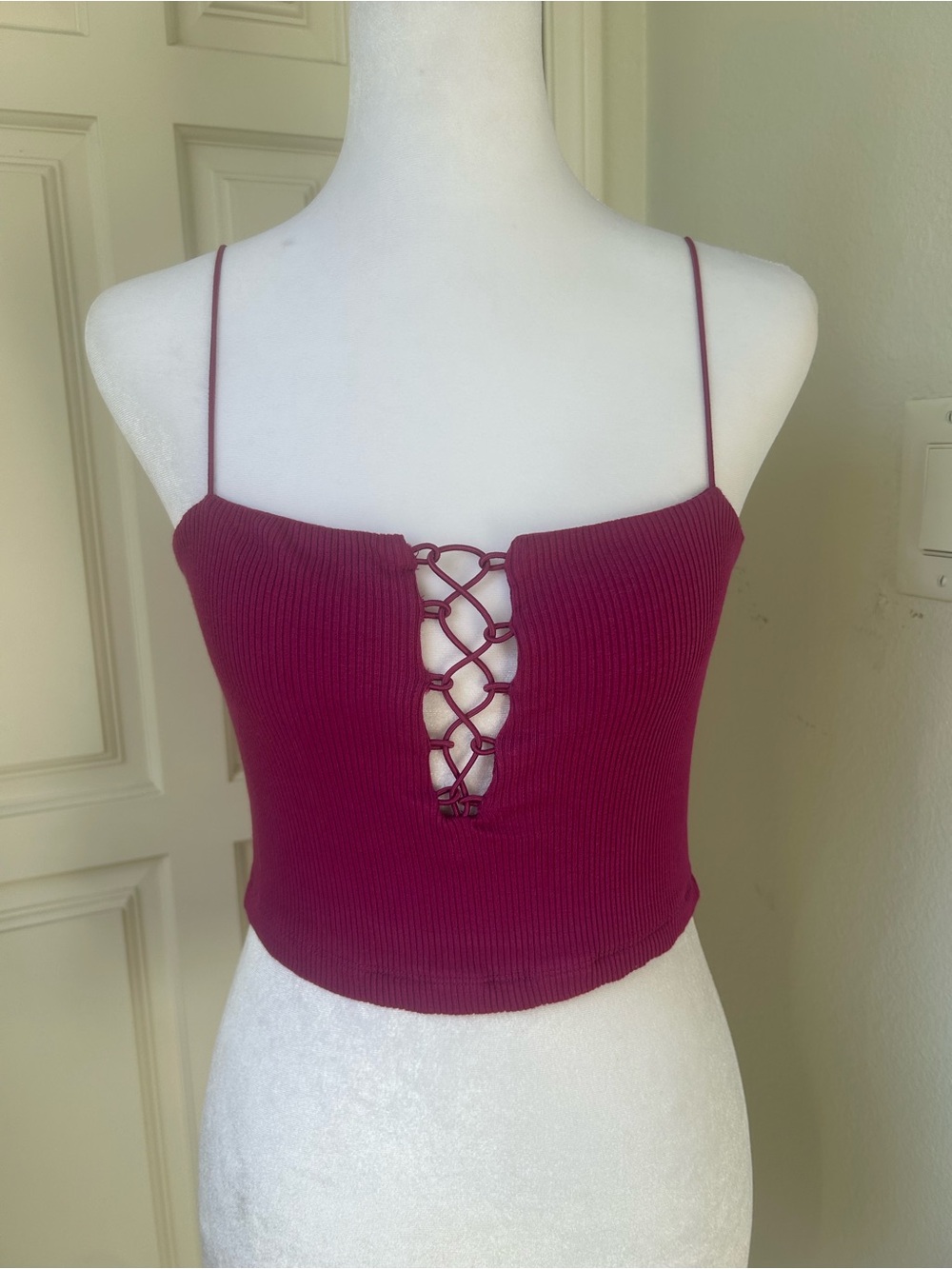 Free People Intimately Ribbed Lace Up Cami Crop Top Magenta Berry Pink Size S